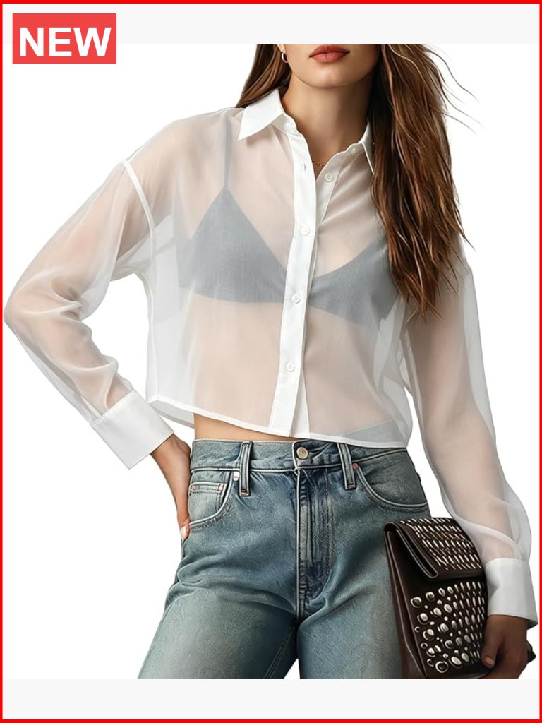 Sheer Mesh Button Up Blouse Cropped Long Sleeve Top